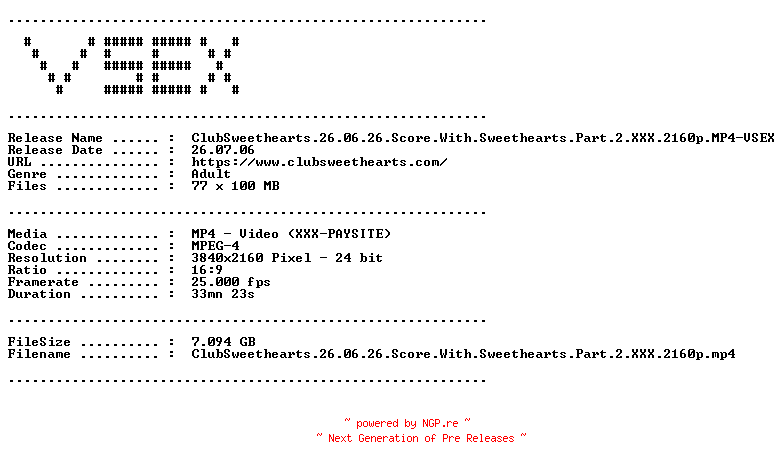NFO for the release ClubSweethearts.26.06.26.Score.With.Sweethearts.Part.2.XXX.2160p.MP4-VSEX by VSEX