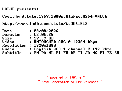 NFO for the release Cool.Hand.Luke.1967.1080p.BluRay.H264-VALUE by VALUE