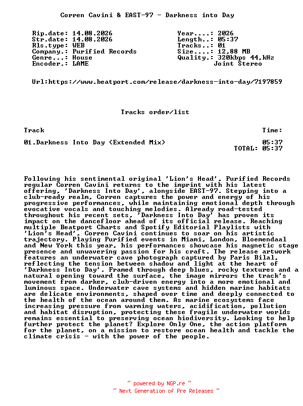 NFO for the release Corren_Cavini_And_EAST-97_-_Darkness_Into_Day-(PF0260BP)-SINGLE-WEB-2026-FMC by FMC