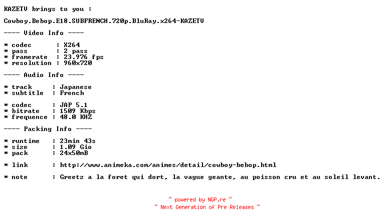NFO for the release Cowboy.Bebop.E18.SUBFRENCH.720p.BluRay.x264-KAZETV by KAZETV