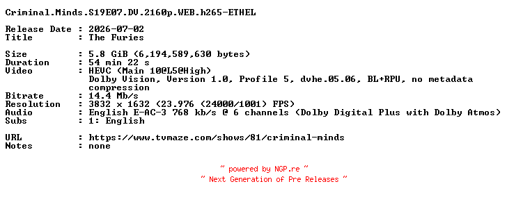 NFO for the release Criminal.Minds.S19E07.DV.2160p.WEB.h265-ETHEL by ETHEL