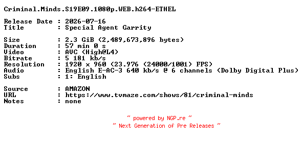 NFO for the release Criminal.Minds.S19E09.1080p.WEB.h264-ETHEL by ETHEL