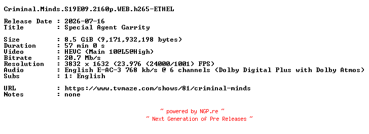 NFO for the release Criminal.Minds.S19E09.2160p.WEB.h265-ETHEL by ETHEL
