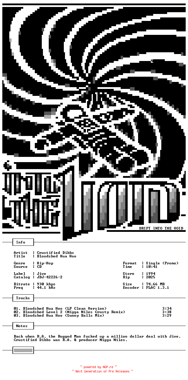 NFO for the release Crustified_Dibbs-Bloodshed_Hua_Hoo-Promo-CDS-FLAC-1994-THEVOiD by THEVOiD