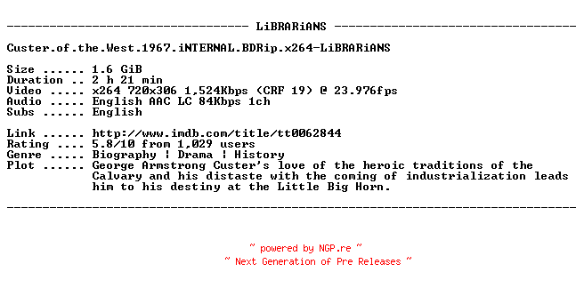 NFO for the release Custer.of.the.West.1967.iNTERNAL.BDRip.x264-LiBRARiANS by LiBRARiANS