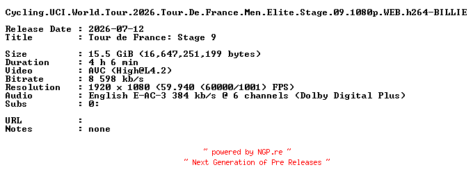 NFO for the release Cycling.UCI.World.Tour.2026.Tour.De.France.Men.Elite.Stage.09.1080p.WEB.h264-BILLIE by BILLIE