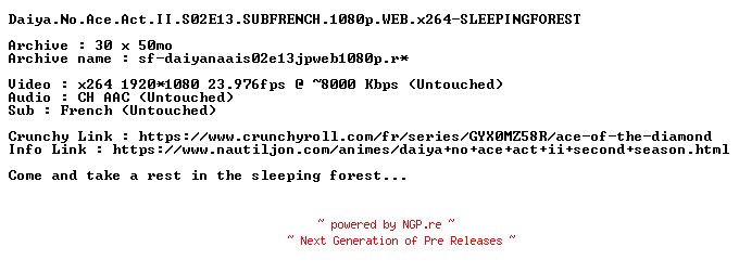 NFO for the release Daiya.No.Ace.Act.II.S02E13.SUBFRENCH.1080p.WEB.x264-SLEEPINGFOREST by SLEEPINGFOREST