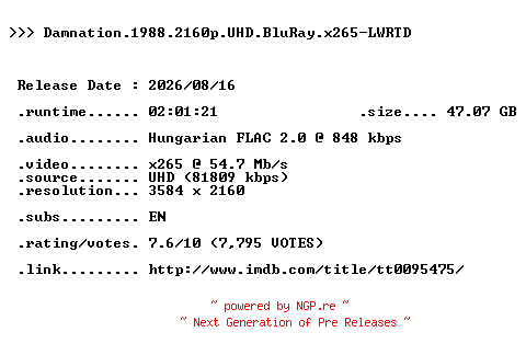 NFO for the release Damnation.1988.2160p.UHD.BluRay.x265-LWRTD by LWRTD