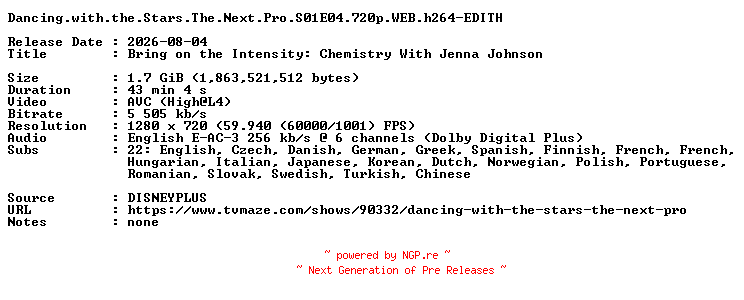 NFO for the release Dancing.with.the.Stars.The.Next.Pro.S01E04.720p.WEB.h264-EDITH by EDITH