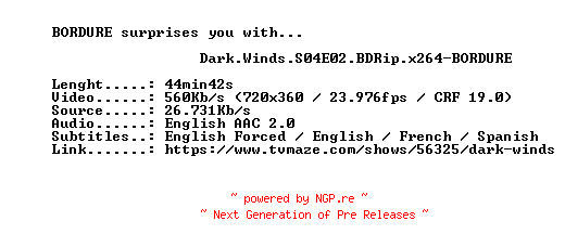 NFO for the release Dark.Winds.S04E02.BDRip.x264-BORDURE by BORDURE