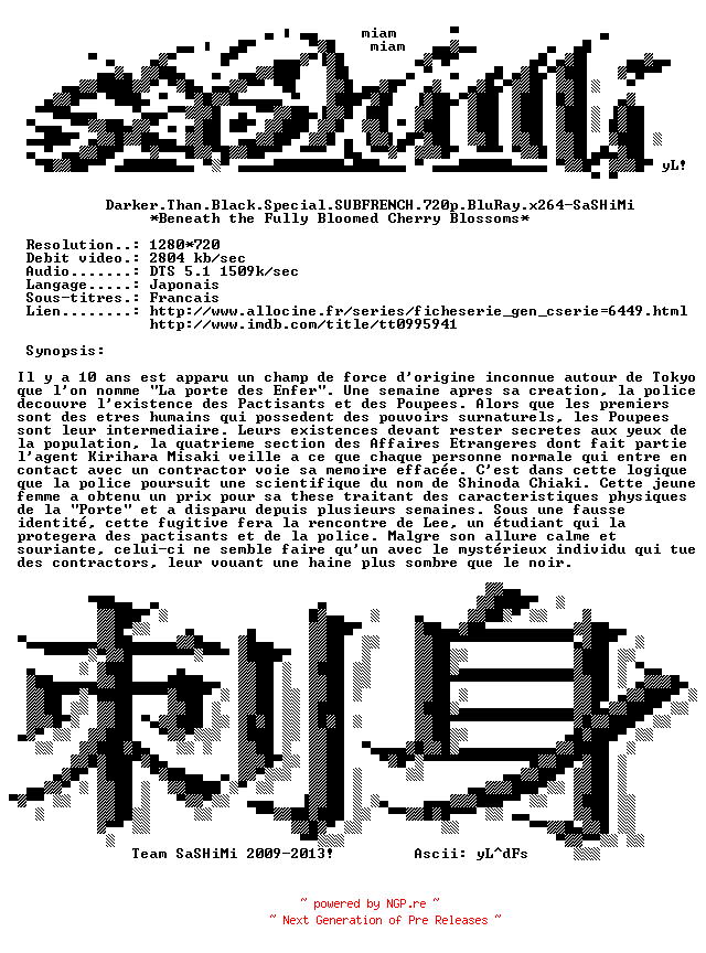 NFO for the release Darker.Than.Black.SPECIAL.SUBFRENCH.720p.BluRay.x264-SASHiMi by SASHiMi