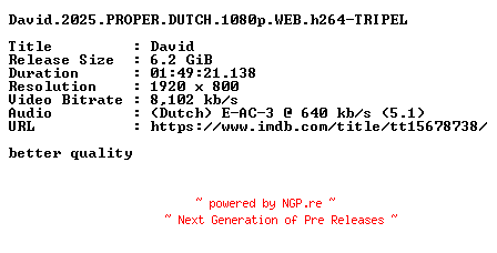 NFO for the release David.2025.PROPER.DUTCH.1080p.WEB.h264-TRIPEL by TRIPEL