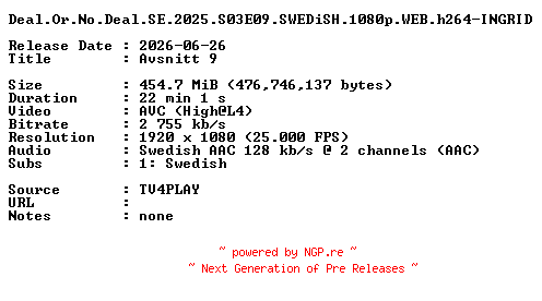 NFO for the release Deal.Or.No.Deal.SE.2025.S03E09.SWEDiSH.1080p.WEB.h264-INGRID by INGRID