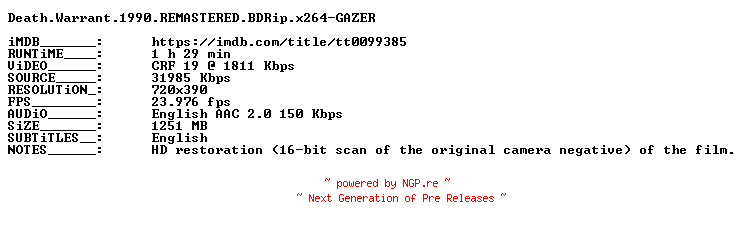 NFO for the release Death.Warrant.1990.REMASTERED.BDRip.x264-GAZER by GAZER