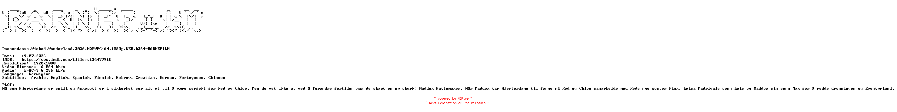 NFO for the release Descendants.Wicked.Wonderland.2026.NORWEGiAN.1080p.WEB.h264-BARNEFiLM by BARNEFiLM