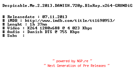 NFO for the release Despicable.Me.2.2013.DANISH.720p.BluRay.x264-GRUNDiG by GRUNDiG