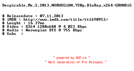 NFO for the release Despicable.Me.2.2013.NORWEGiAN.720p.BluRay.x264-GRUNDiG by GRUNDiG
