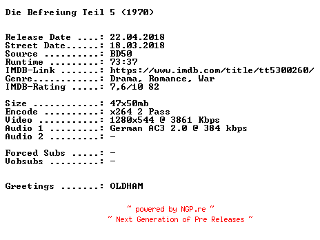 NFO for the release Die.Befreiung.Teil.5.1971.German.720p.BluRay.x264-SPiCY by SPiCY