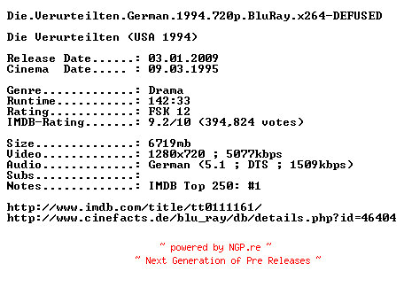 NFO for the release Die.Verurteilten.German.1994.720p.BluRay.x264-DEFUSED by DEFUSED