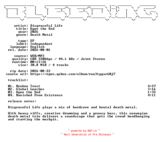 NFO for the release Disgraceful_Life-Upon_the_End-EP-WEB-2026-BLEEDiNG by BLEEDiNG