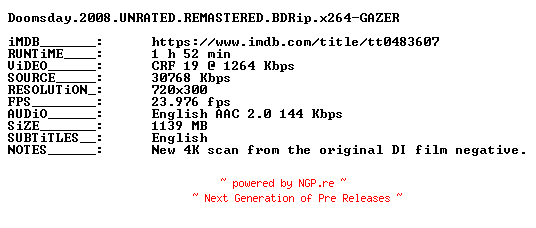 NFO for the release Doomsday.2008.UNRATED.REMASTERED.BDRip.x264-GAZER by GAZER