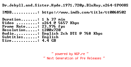 NFO for the release Dr.Jekyll.and.Sister.Hyde.1971.720p.BluRay.x264-SPOOKS by SPOOKS