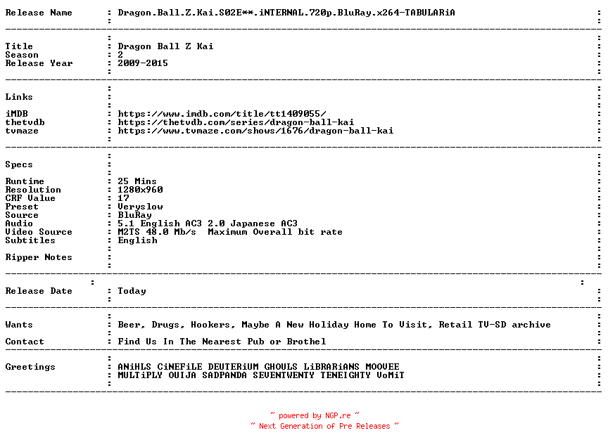 NFO for the release Dragon.Ball.Z.Kai.S02E22.iNTERNAL.720p.BluRay.x264-TABULARiA by TABULARiA