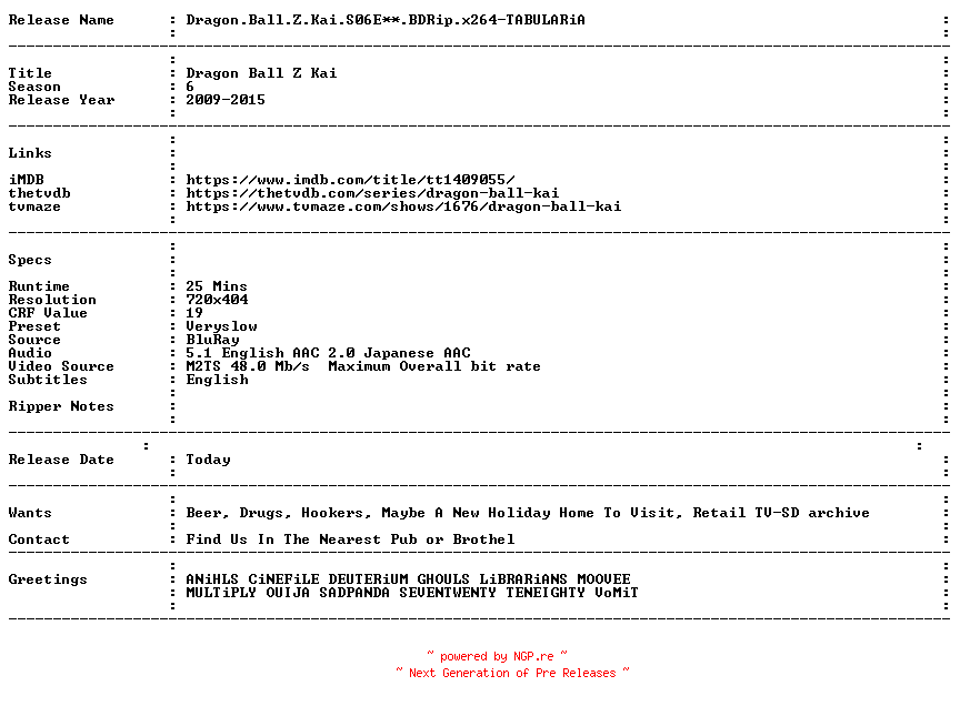NFO for the release Dragon.Ball.Z.Kai.S06E20.BDRip.x264-TABULARiA by TABULARiA