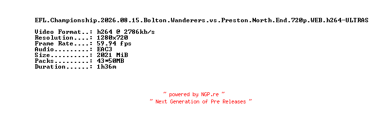 NFO for the release EFL.Championship.2026.08.15.Bolton.Wanderers.vs.Preston.North.End.720p.WEB.h264-ULTRAS by ULTRAS