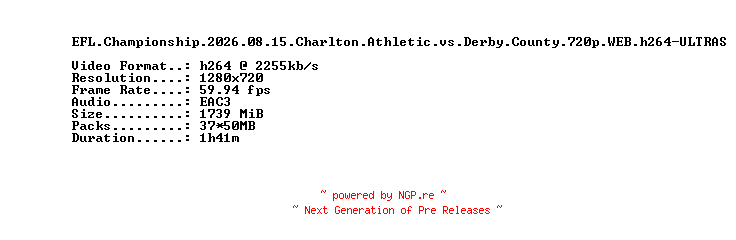NFO for the release EFL.Championship.2026.08.15.Charlton.Athletic.vs.Derby.County.720p.WEB.h264-ULTRAS by ULTRAS