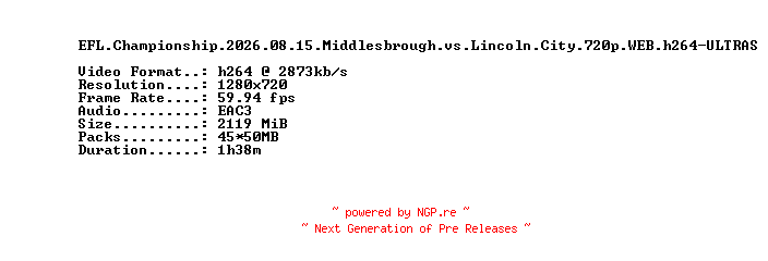 NFO for the release EFL.Championship.2026.08.15.Middlesbrough.vs.Lincoln.City.720p.WEB.h264-ULTRAS by ULTRAS