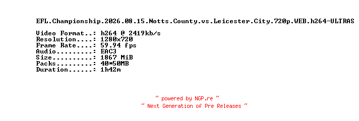 NFO for the release EFL.Championship.2026.08.15.Notts.County.vs.Leicester.City.720p.WEB.h264-ULTRAS by ULTRAS