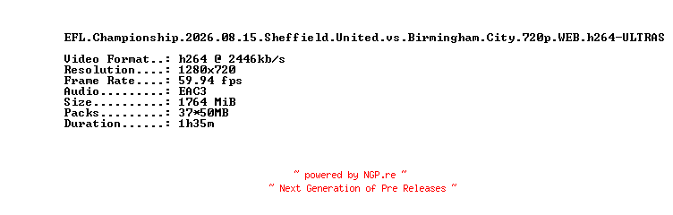 NFO for the release EFL.Championship.2026.08.15.Sheffield.United.vs.Birmingham.City.720p.WEB.h264-ULTRAS by ULTRAS