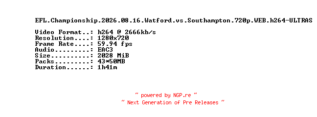 NFO for the release EFL.Championship.2026.08.16.Watford.vs.Southampton.720p.WEB.h264-ULTRAS by ULTRAS