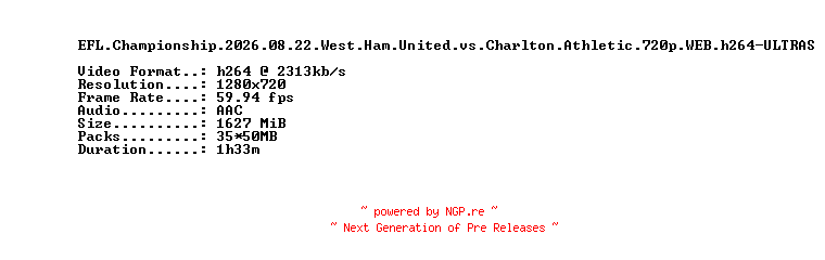 NFO for the release EFL.Championship.2026.08.22.West.Ham.United.vs.Charlton.Athletic.720p.WEB.h264-ULTRAS by ULTRAS