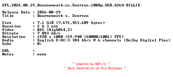 NFO for the release EPL.2026.08.29.Bournemouth.vs.Everton.1080p.WEB.h264-BILLIE by BILLIE