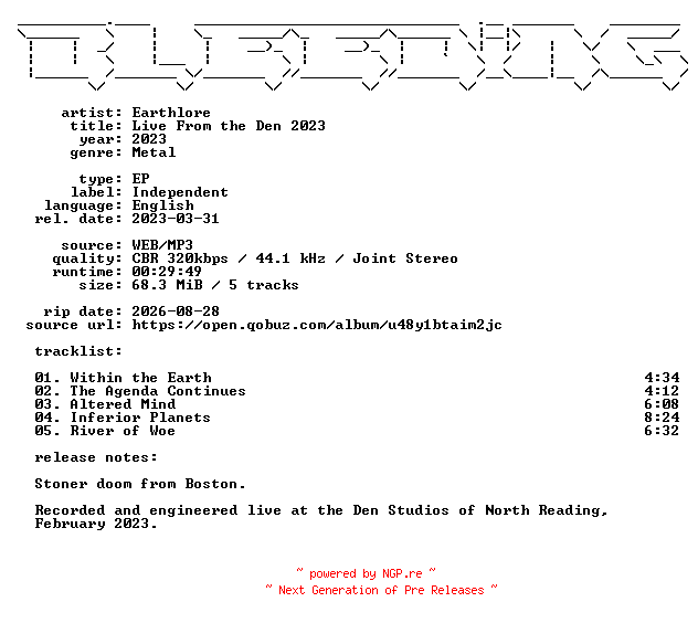 NFO for the release Earthlore-Live_From_the_Den_2023-EP-WEB-2023-BLEEDiNG by BLEEDiNG