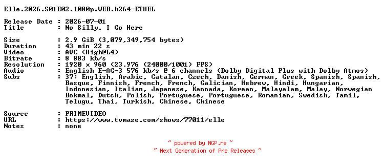 NFO for the release Elle.2026.S01E02.1080p.WEB.h264-ETHEL by ETHEL
