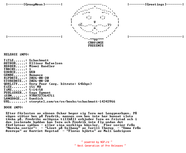 NFO for the release Ellinor_Rafaelsen_-_Schackmatt-AUDiOBOOK-WEB-SE-2026-CRAViNGS_iNT by CRAViNGS_iNT