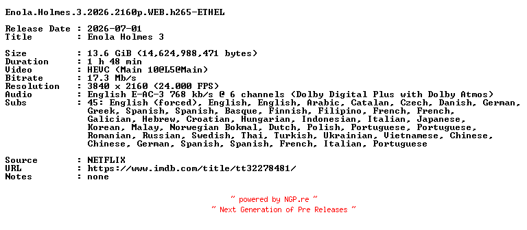 NFO for the release Enola.Holmes.3.2026.2160p.WEB.h265-ETHEL by ETHEL