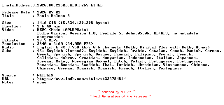 NFO for the release Enola.Holmes.3.2026.DV.2160p.WEB.h265-ETHEL by ETHEL