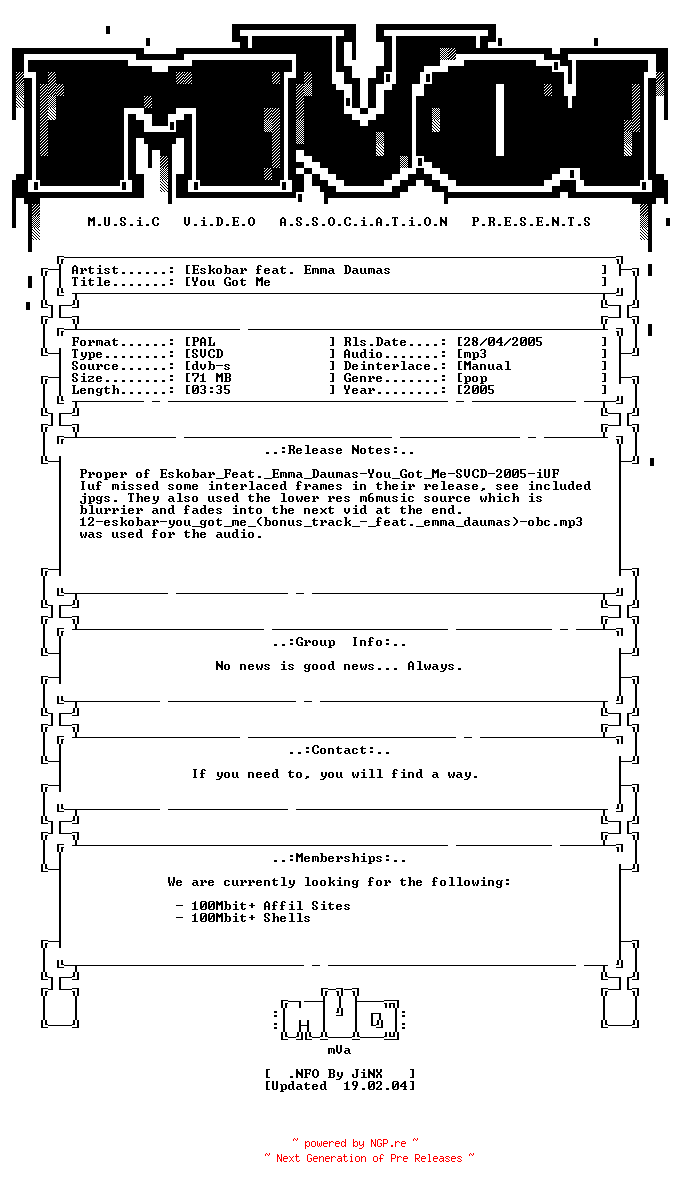 NFO for the release Eskobar_feat_emma_daumas-you_got_me-proper-svcd-2005-mVa by mVa