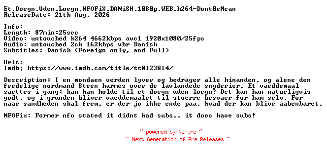 NFO for the release Et.Doegn.Uden.Loegn.1963.NFOFiX.DANiSH.1080p.WEB.h264-DontBeMean by DontBeMean