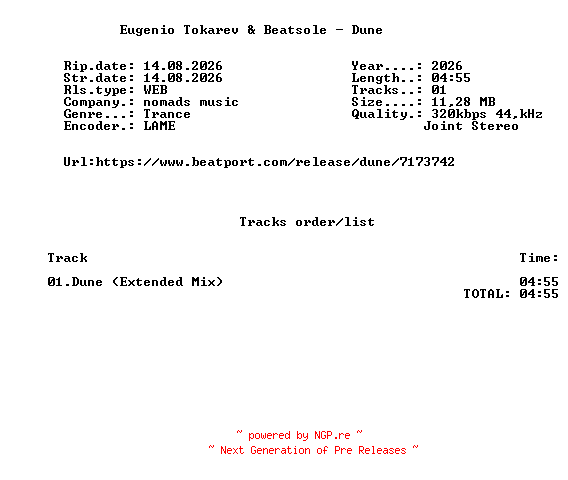 NFO for the release Eugenio_Tokarev_And_Beatsole_-_Dune_(Extended_Mix)-(NM100)-SINGLE-WEB-2026-FMC by FMC