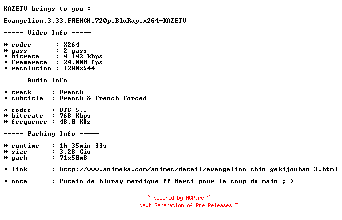 NFO for the release Evangelion.3.33.FRENCH.720p.BluRay.x264-KAZETV by KAZETV