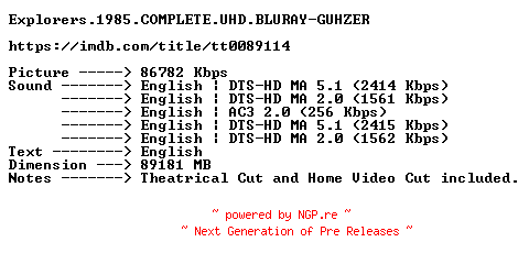 NFO for the release Explorers.1985.COMPLETE.UHD.BLURAY-GUHZER by GUHZER