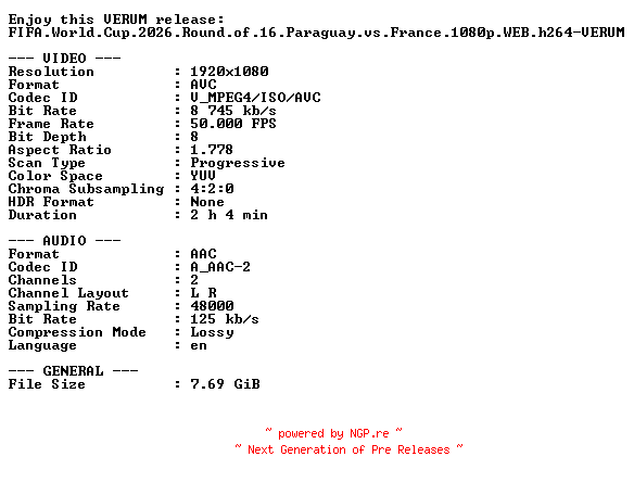 NFO for the release FIFA.World.Cup.2026.Round.of.16.Paraguay.vs.France.1080p.WEB.h264-VERUM by VERUM