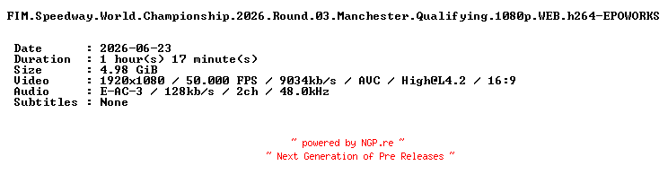 NFO for the release FIM.Speedway.World.Championship.2026.Round.03.Manchester.Qualifying.1080p.WEB.h264-EPOWORKS by EPOWORKS