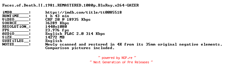 NFO for the release Faces.of.Death.II.1981.REMASTERED.1080p.BluRay.x264-GAZER by GAZER