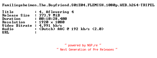 NFO for the release Familiegeheimen.The.Boyfriend.S01E04.FLEMISH.1080p.WEB.h264-TRIPEL by TRIPEL